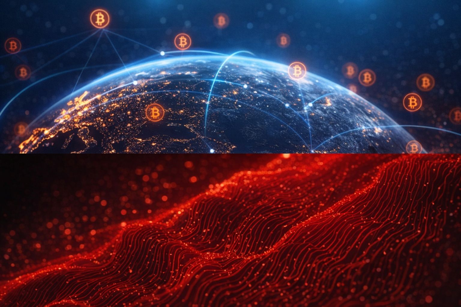Illustration av ett globalt nätverk med Bitcoin-ikoner och röda datavågor.